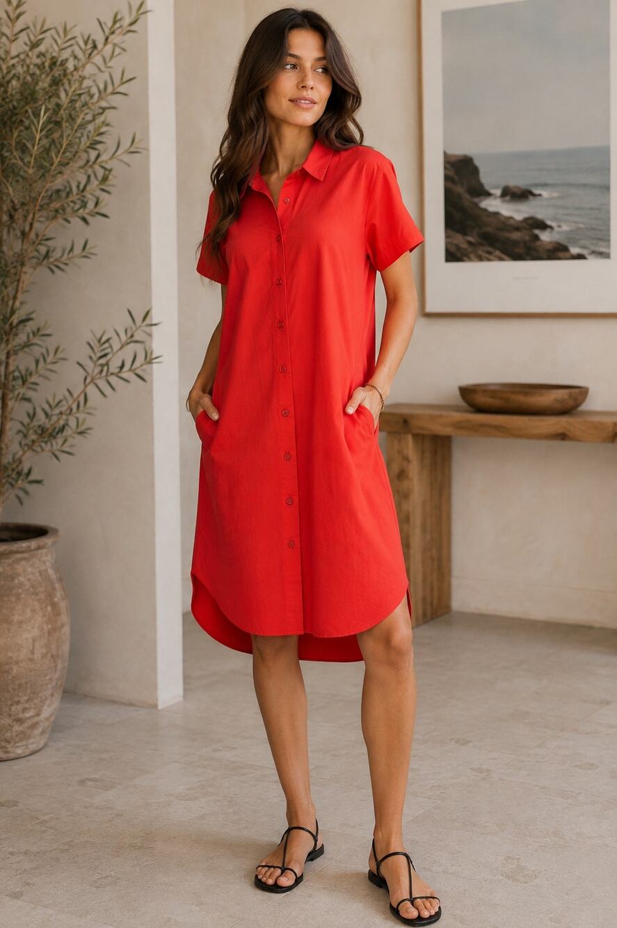 Eileen Fisher Geranium Red Organic Cotton Poplin High Low Button Shirtdress XS
